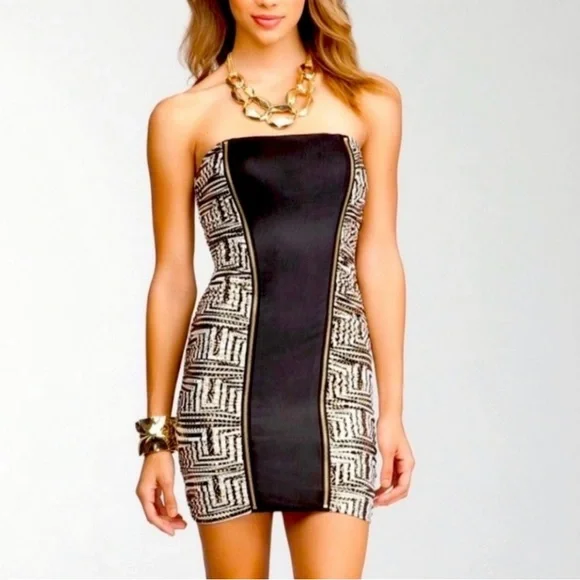 Y2K Vintage Bebe Addiction Gold Strapless Clubbing Micro Mini Dress Size XS - Picture 3 of 10